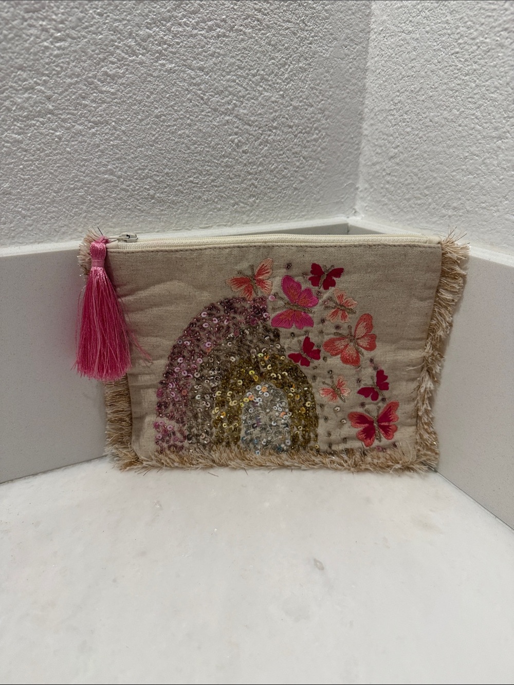 Embroidered Butterfly Sequin Clutch in Pink and Beige